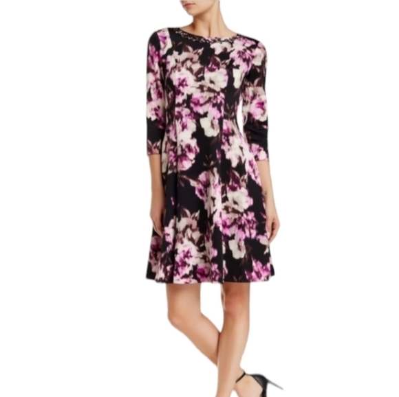 New Eliza J Dress Jeweled Neck purple abstract Print Flared Scuba Knit SZ: 14 - Picture 1 of 8